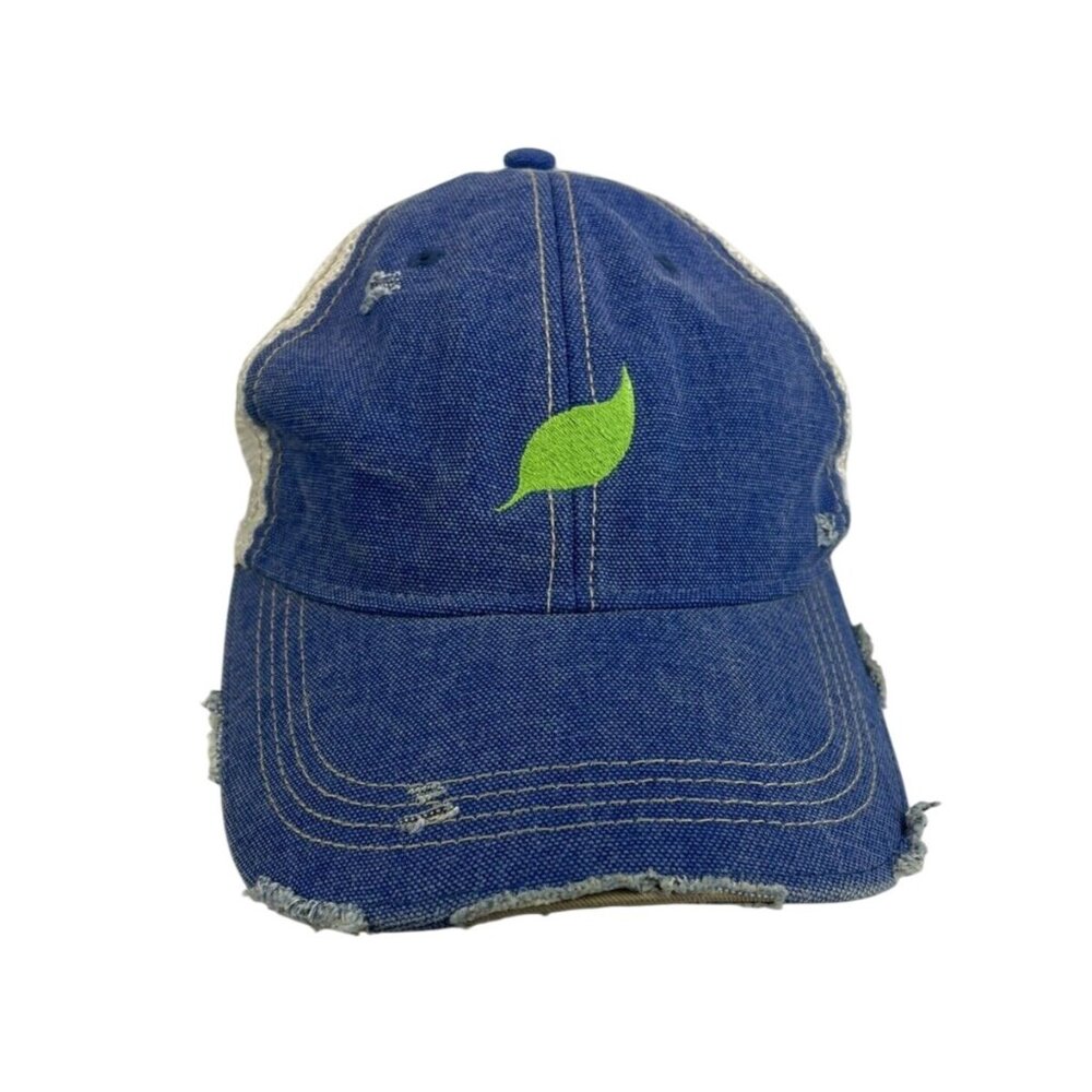 Distressed Blue Denim White Mesh Trucker Hat Green Leaf Embroidery Adjustable Ba